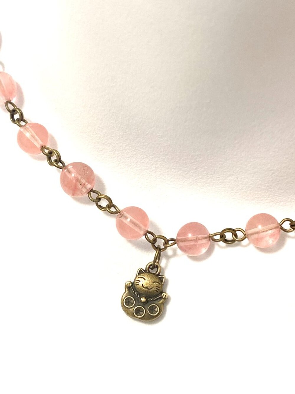 Cherry Quartz Short Adjustable Necklace w/ Bronze Fortune Cat Pendant